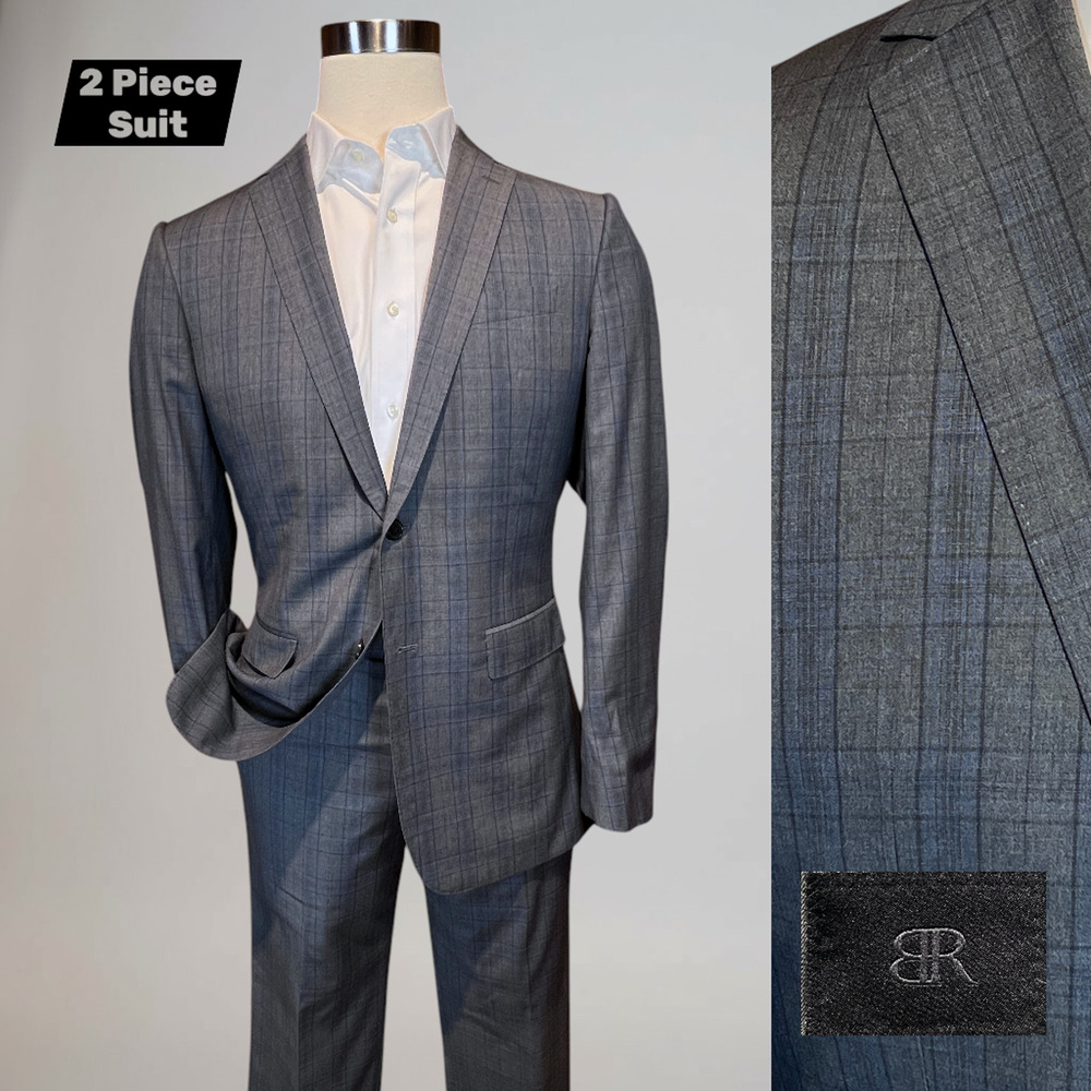 Banana Republic Guabello 40L 35x31 Slim Blue Gray Plaid Suit Monogram Connosseur